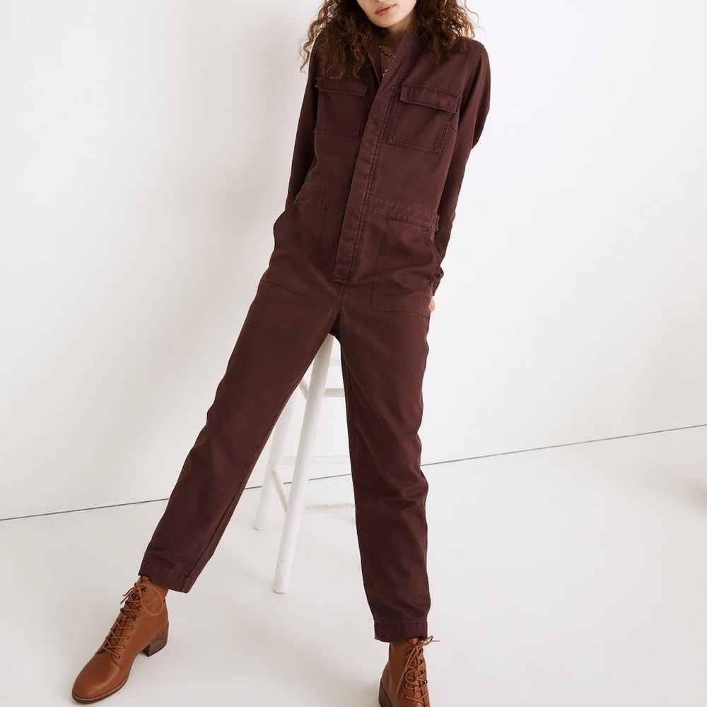 Madewell wine denim long sleeve Jumpsuit straight leg High-Waisted XS FLAW